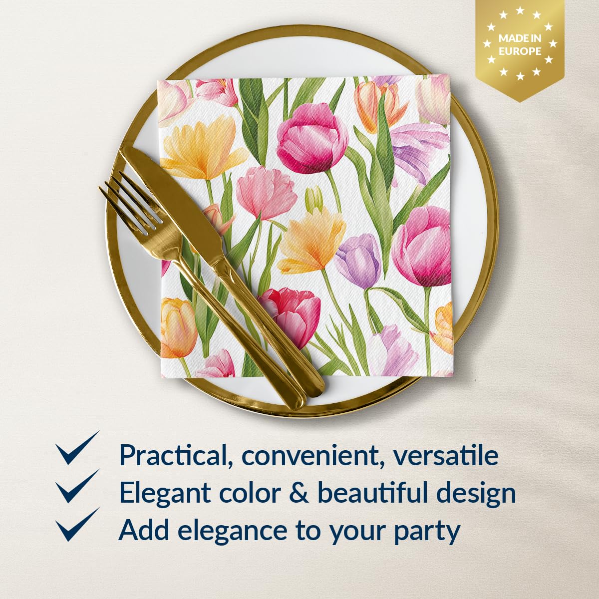 PAW Decor Collection Linen Feel Napkins - Tulip Dream Pattern | 40 x 40 cm | 50 Pack