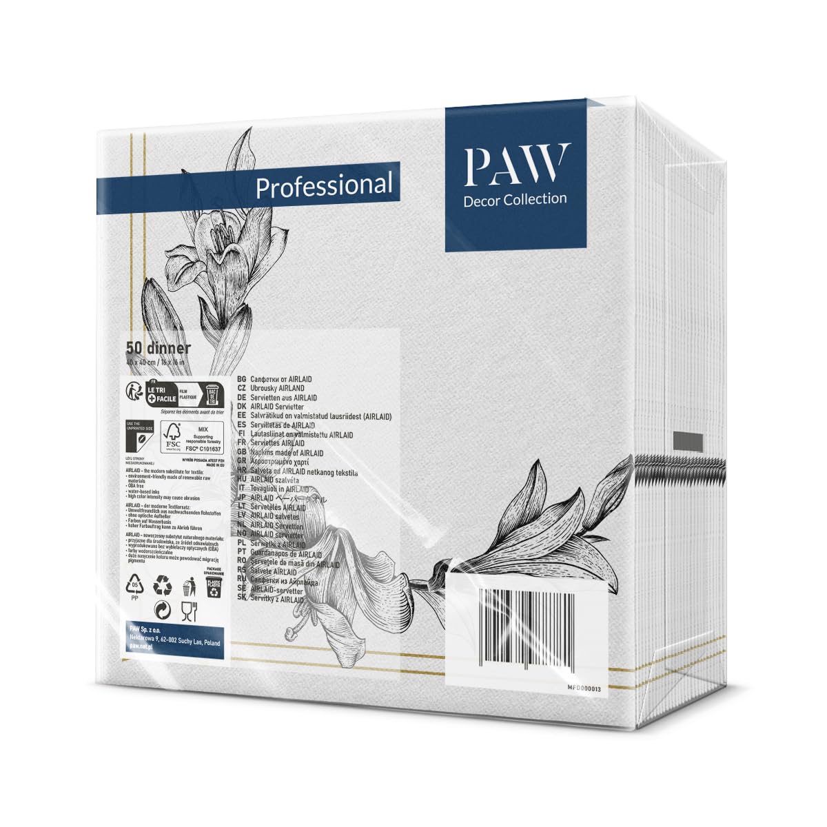 PAW Decor Collection Royal Lily Airlaid Napkins - 50 Pack, 40 x 40 cm