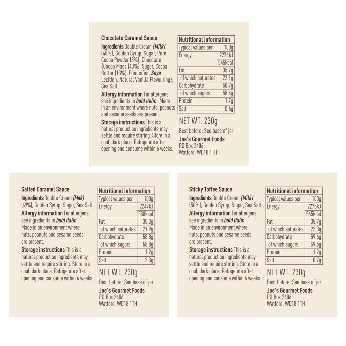 Joe & Seph's Caramel Dessert Sauce Discovery Selection Set - 3 x 230g Jars