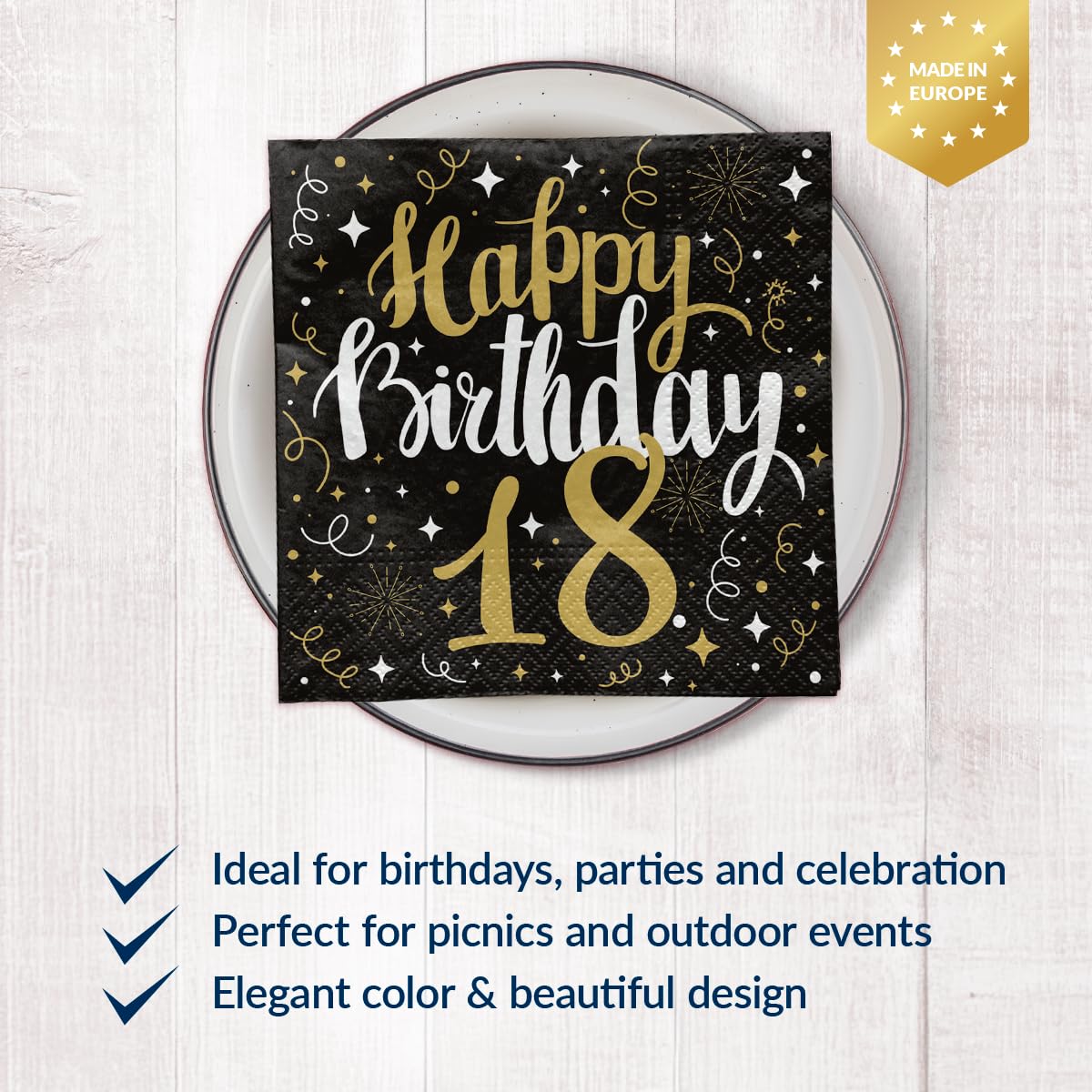 PAW Decor Collection Paper Napkins - 33 x 33 cm, 20 Pack, Gold Birthday 18 Design 2