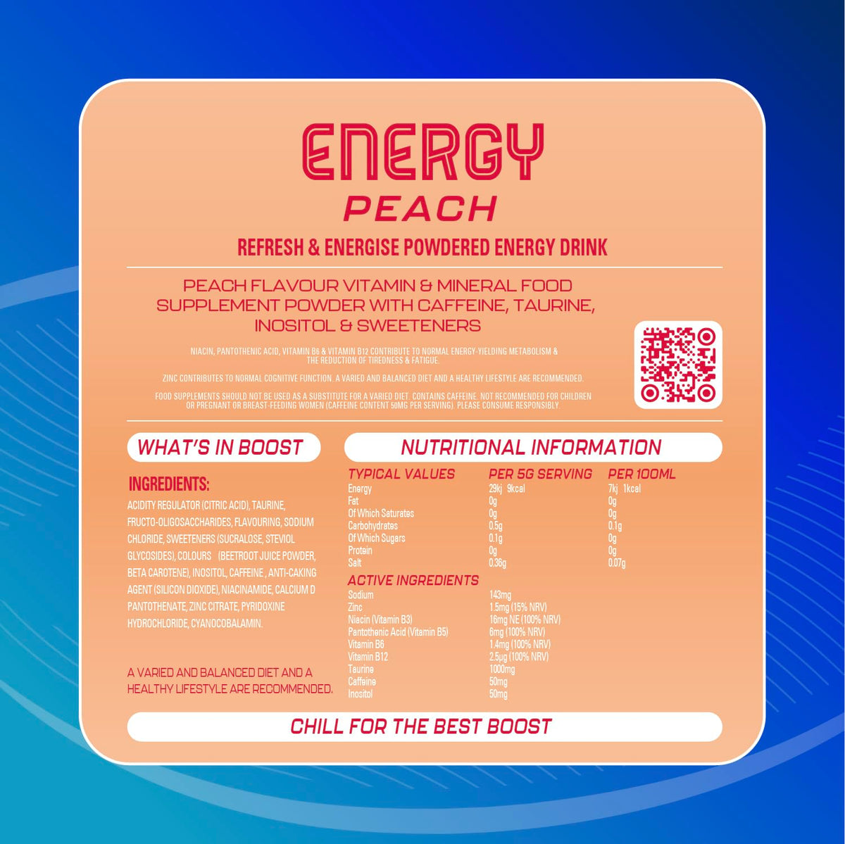 Boost Energy Powder Peach - Zero Sugar, 5g Sachets, 6 Pack