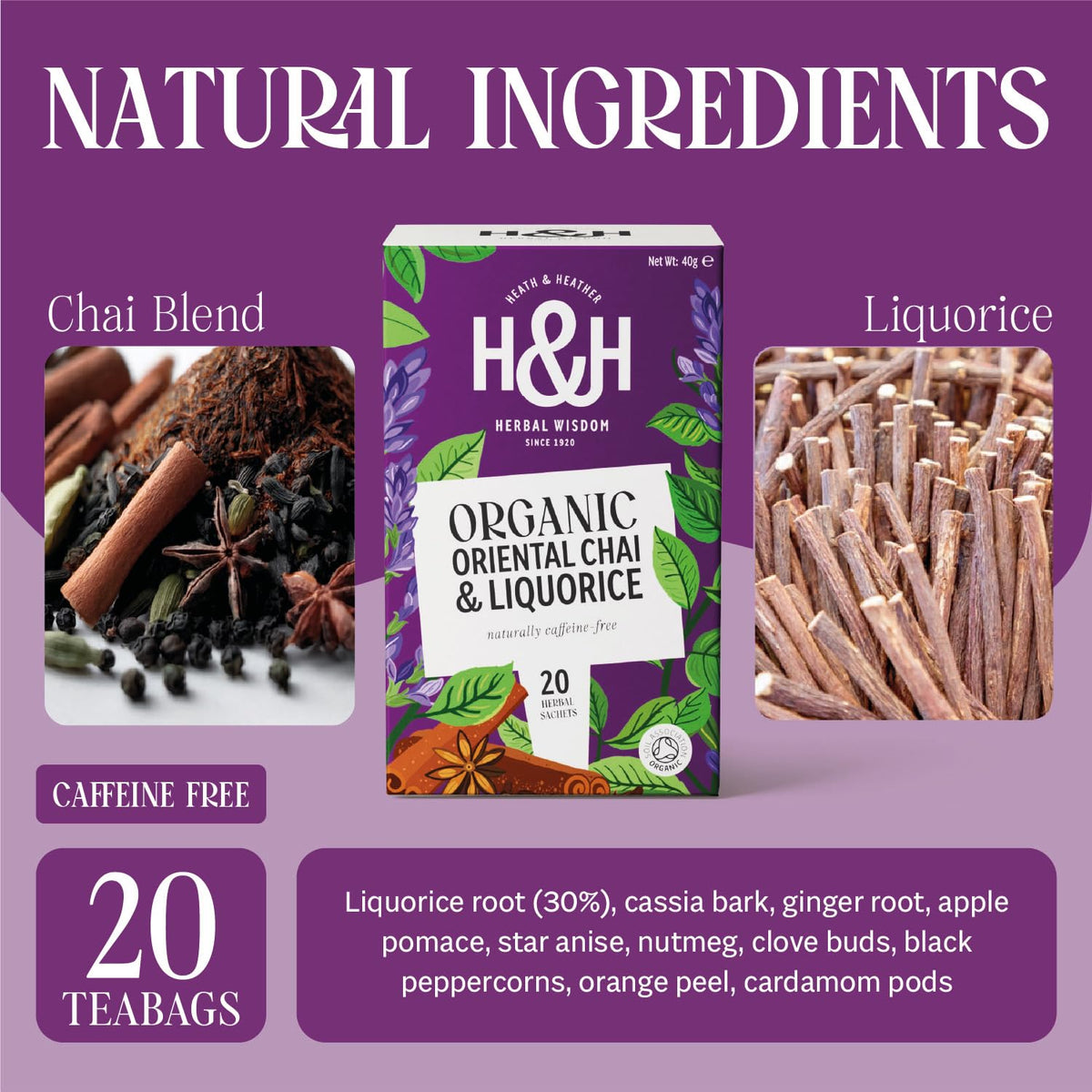 Heath & Heather Organic Oriental Chai & Liquorice Tea - 20 Biodegradable Tea Bags
