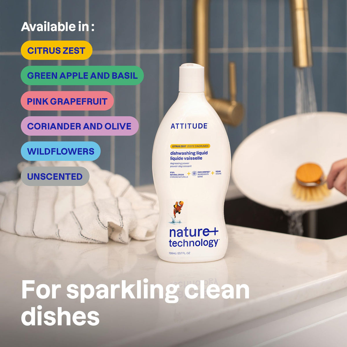 ATTITUDE Washing-Up Liquid - EWG Verified, Cuts Grease, Gentle on Hands | 700 ml