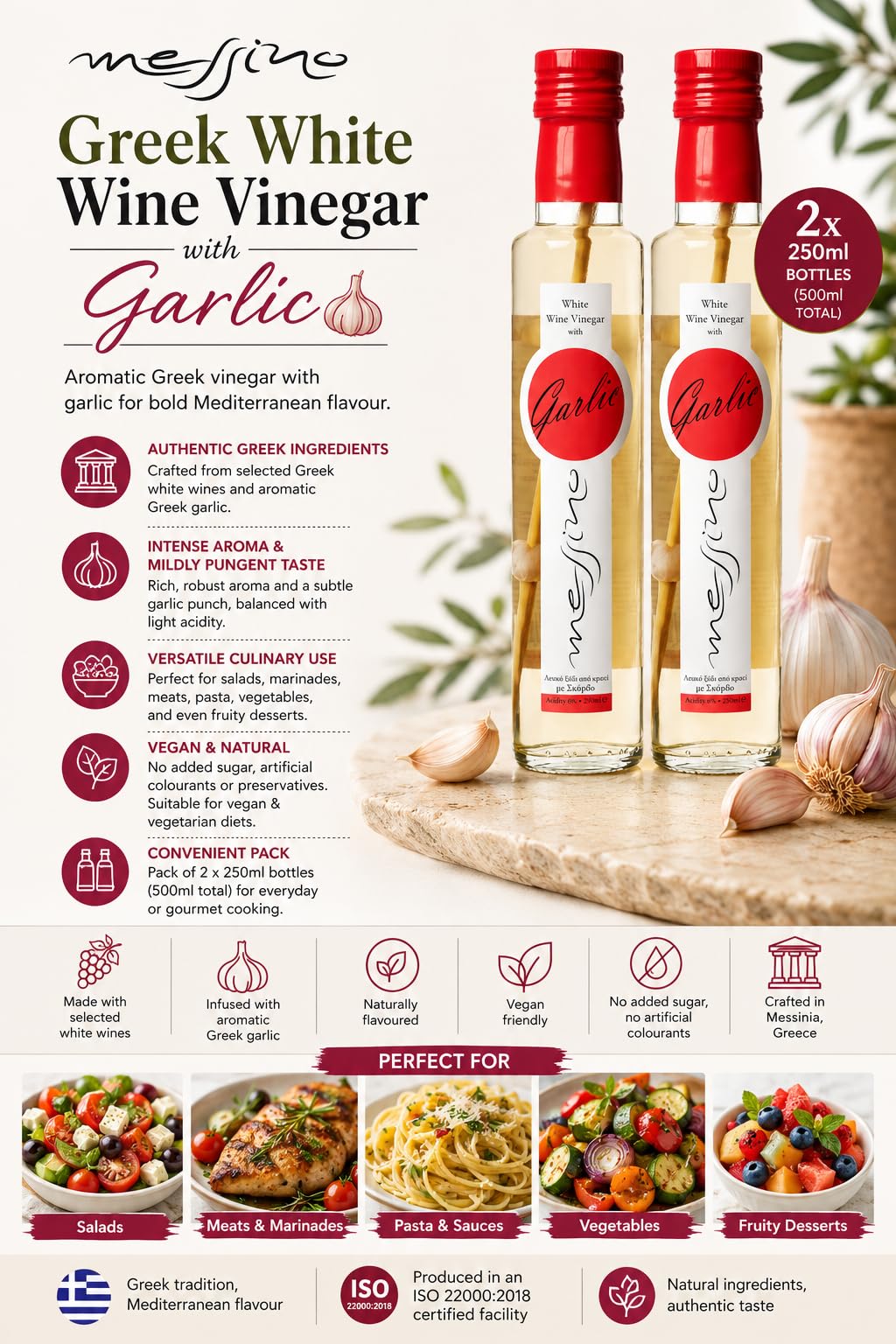 Messino Greek White Wine Vinegar with Garlic - 2 x 250ml Bottles 6