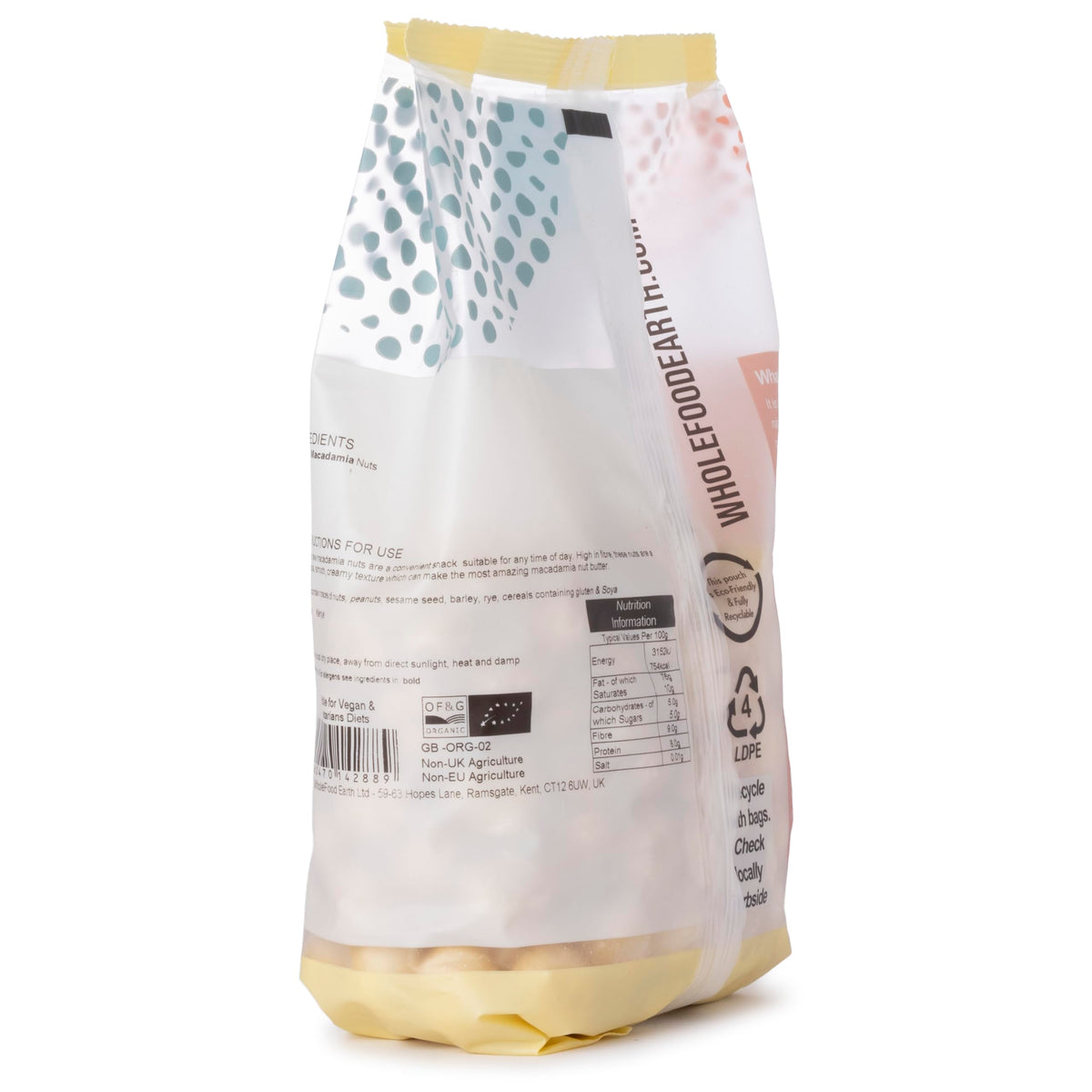 Wholefood Earth Organic Macadamia Nuts - Raw, High Fibre, Vegan, GMO Free - 500g