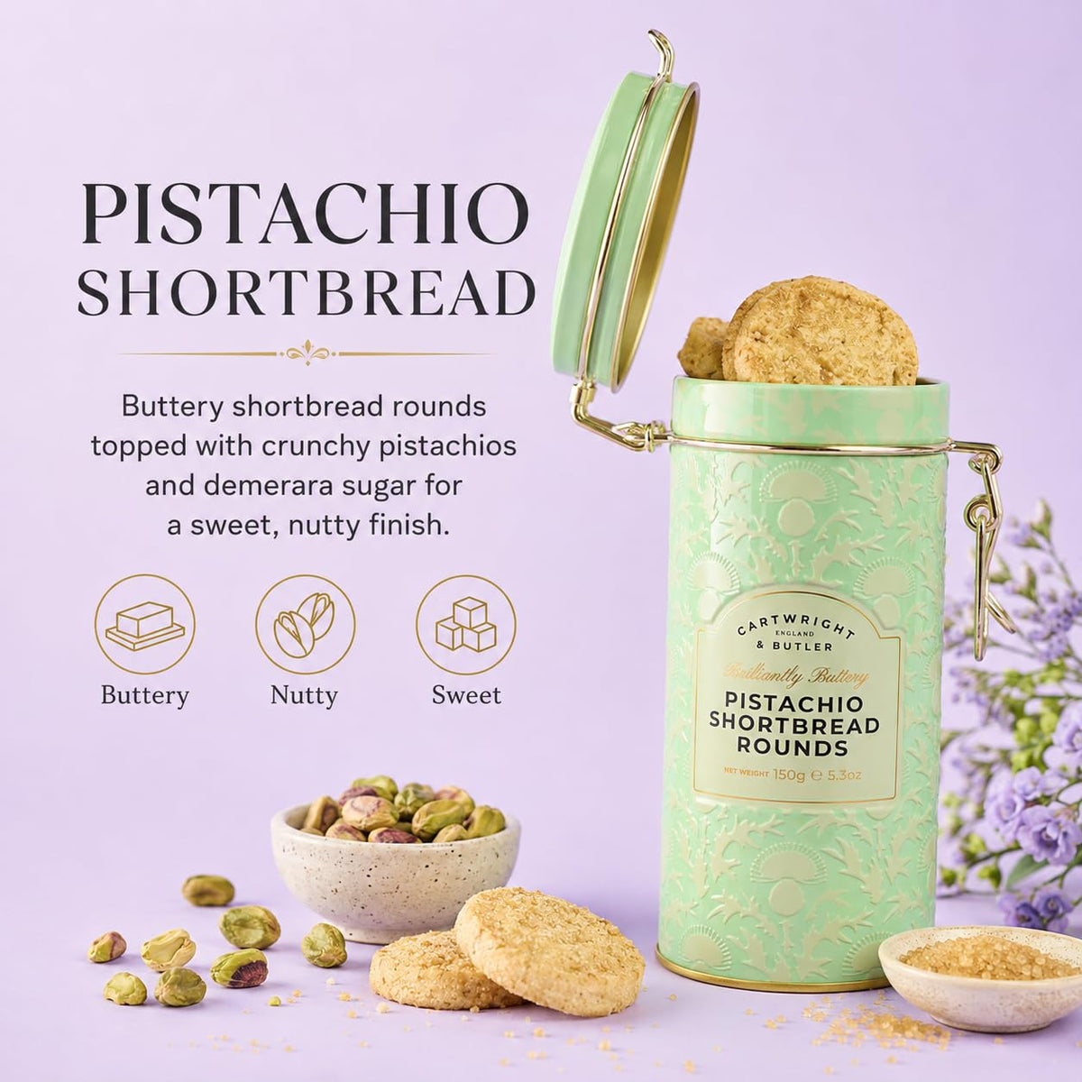 Cartwright & Butler Pistachio Shortbread Rounds - 150g Tin | Rich & Buttery | Vegetarian