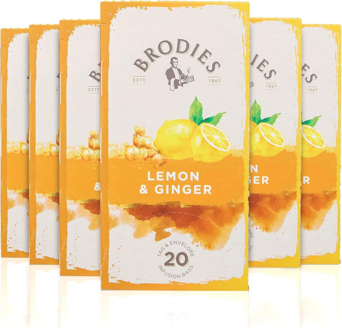 Brodies Lemon & Ginger Fruit Tea - Caffeine Free, 120 Tea Bags (6 Boxes of 20)