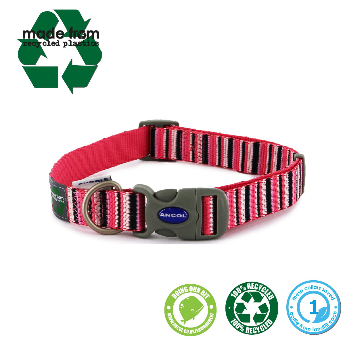 Ancol Hot Pink Candy Stripe Dog Collar - Small | Recycled Plastic | Quick Release Buckle