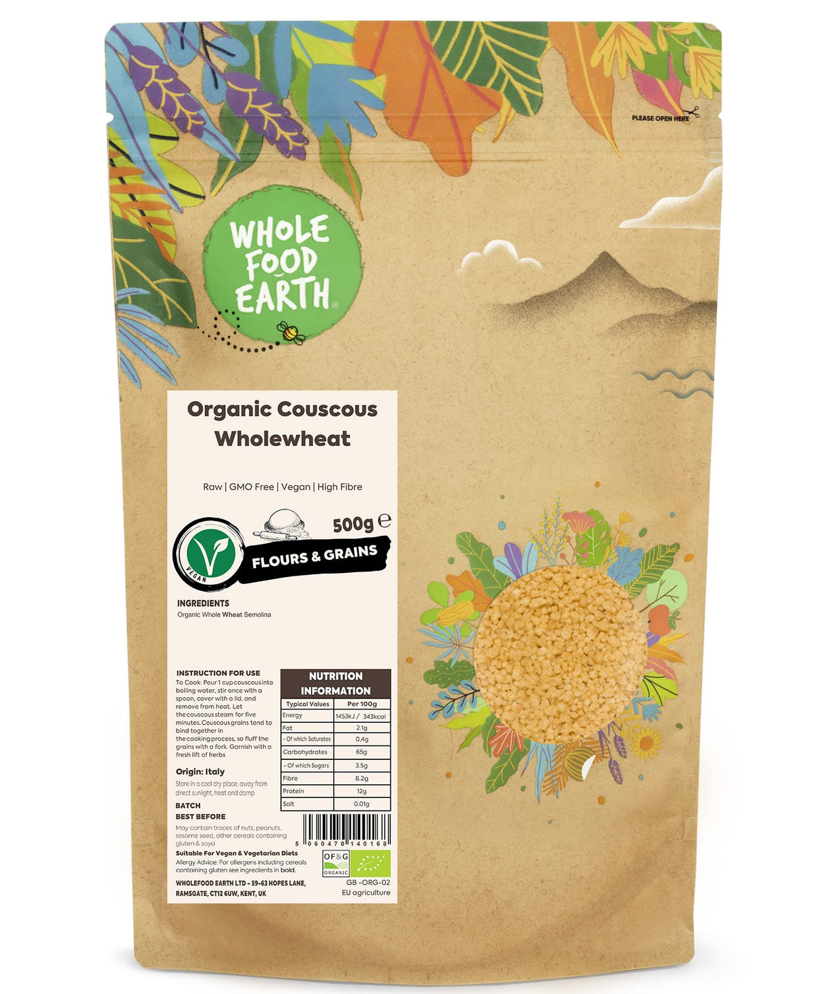 Wholefood Earth Organic Wholewheat Couscous - 500g | Non-GMO | Certified Organic 1