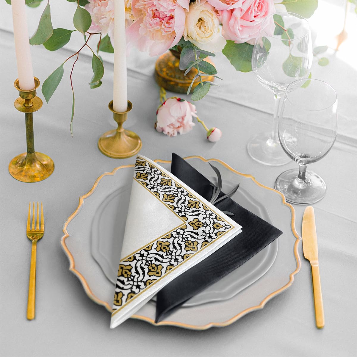 PAW Decor Collection Airlaid Napkins - Floral Frame Gold-Black | 40 x 40 cm | 50 Pack 5