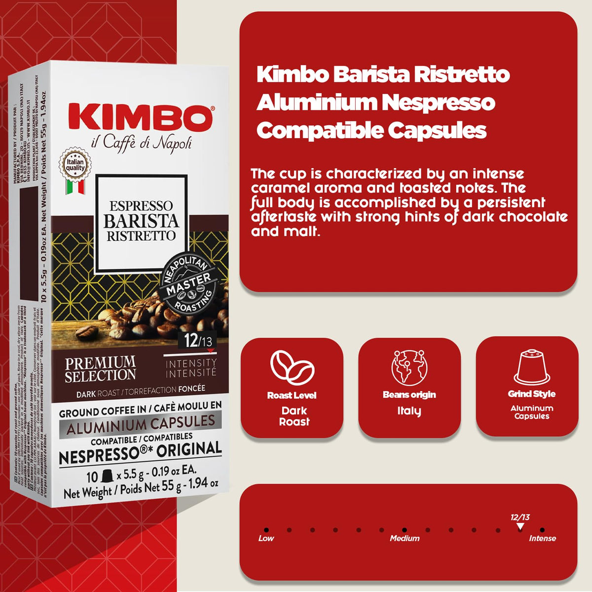 Kimbo Coffee Espresso Barista Ristretto - Intense Dark Roast, Nespresso Compatible | 20 Capsules