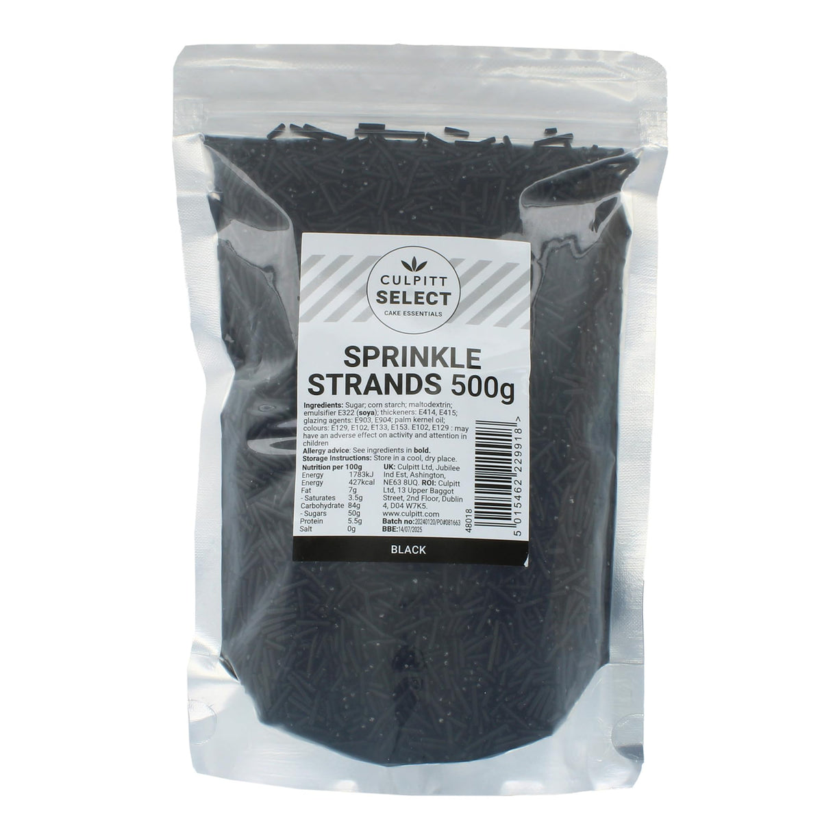 Culpitt Black Sugar Strand Sprinkles - 500g Pouch | Edible Decorations | Baking & Dessert Topping