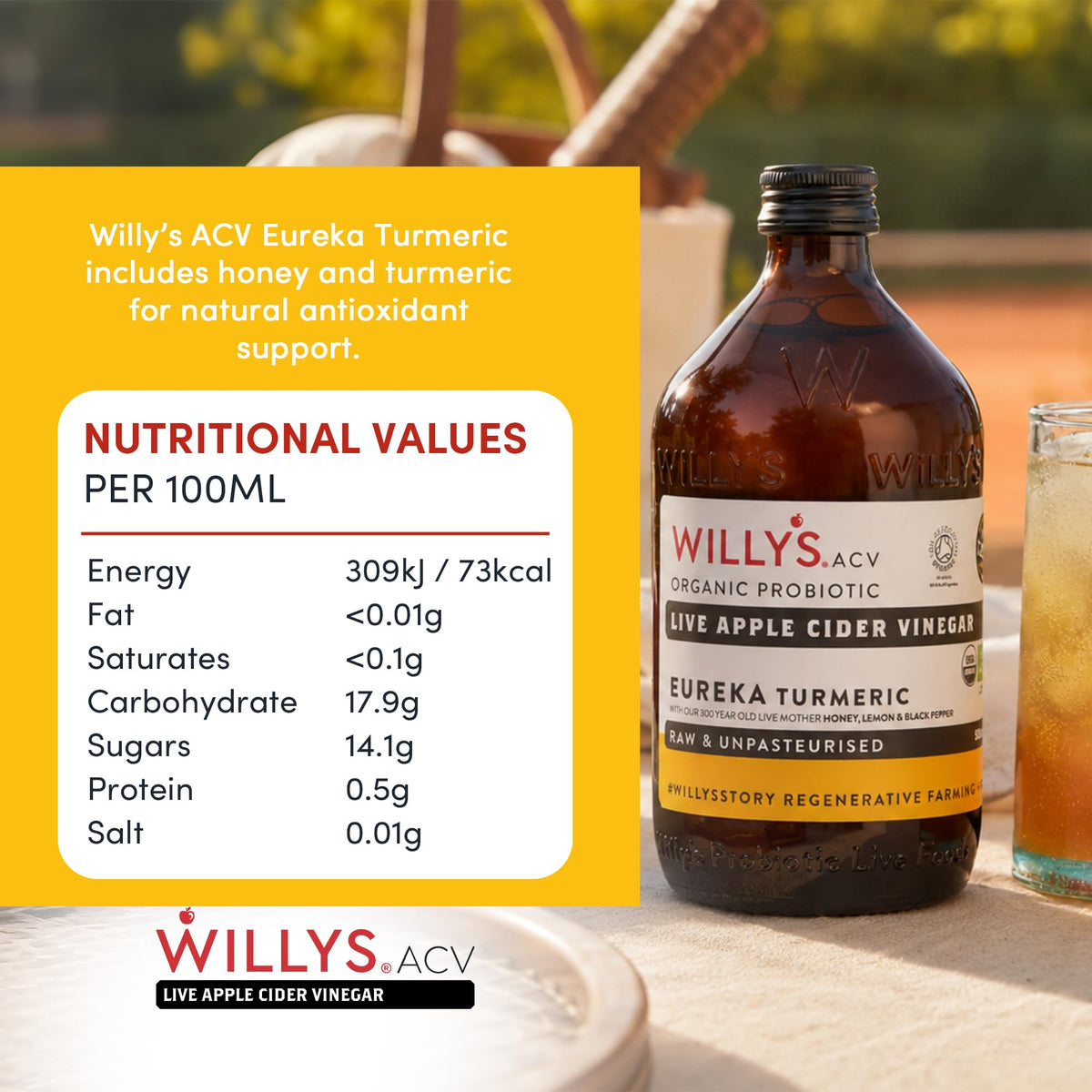 Willy's Organic Apple Cider Vinegar with Turmeric & Honey - Raw, Unpasteurised, 500ml