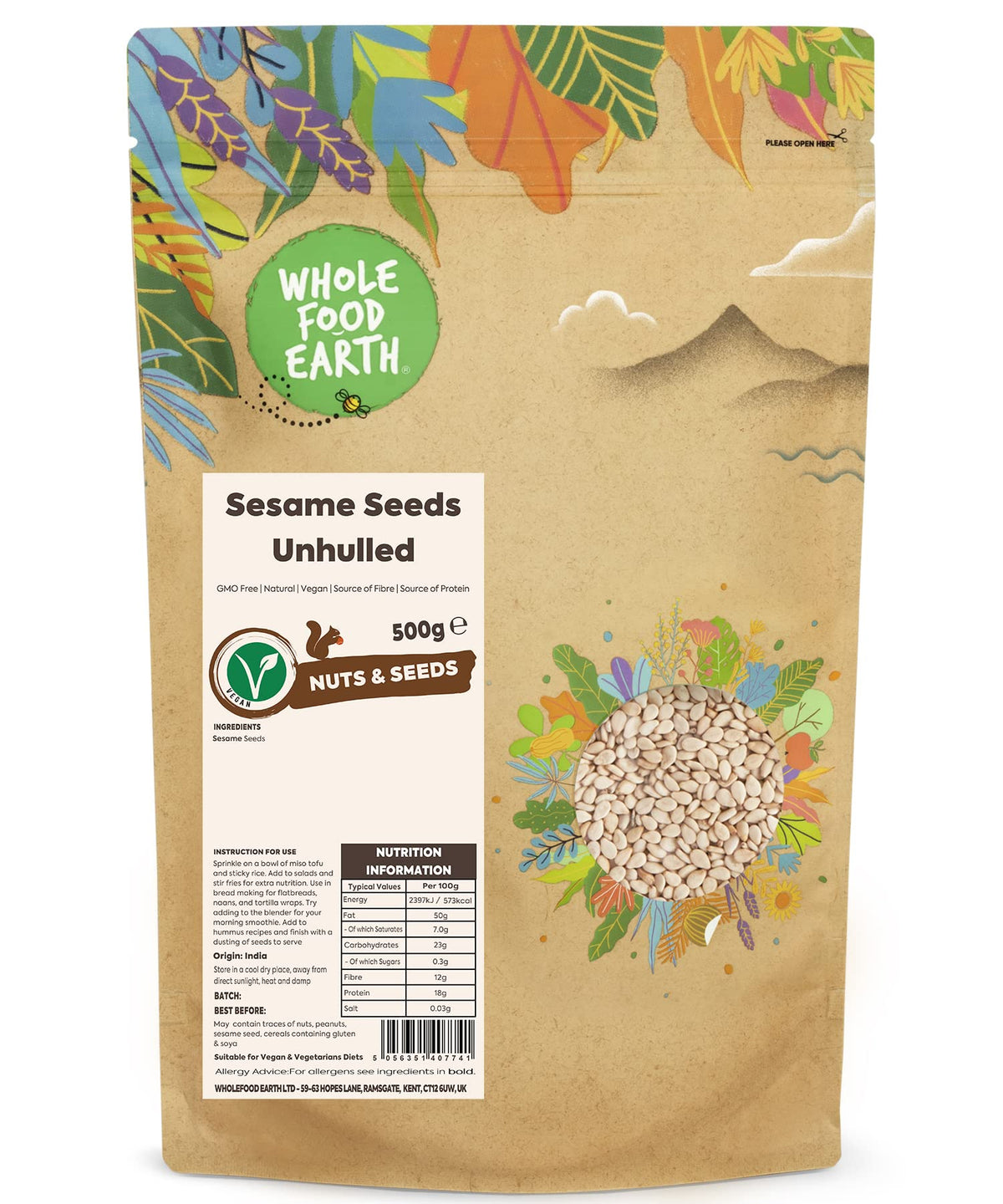 Wholefood Earth Unhulled Sesame Seeds - 500g | Natural | GMO Free