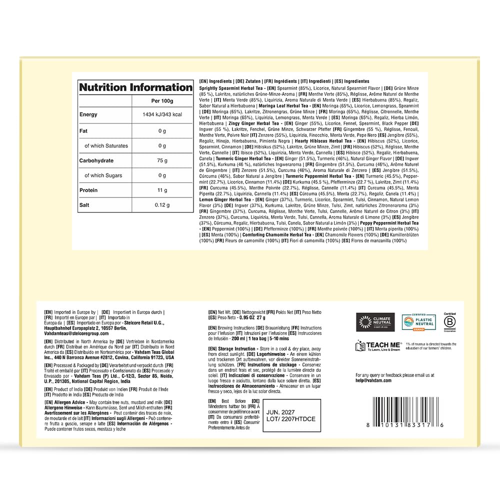 VAHDAM Assorted Herbal Tea Sampler - 18 Tea Bags, 9 Caffeine-Free Flavors 9