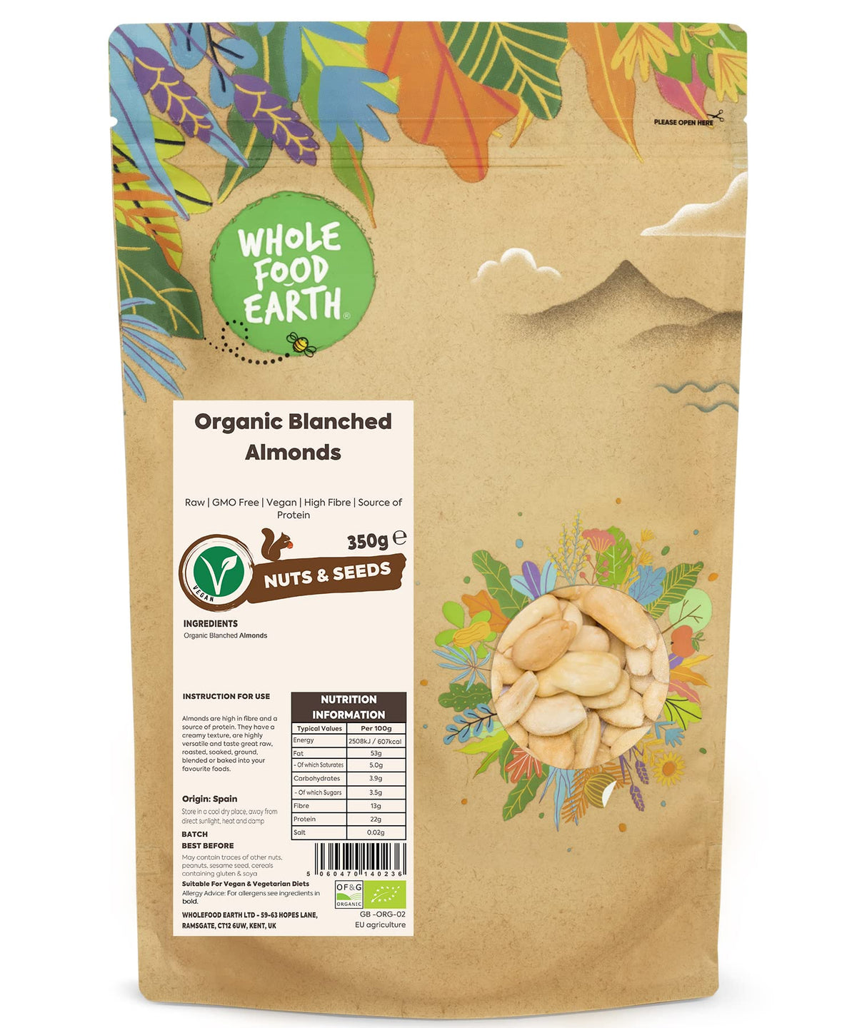 Wholefood Earth Organic Blanched Almonds - 350g | Raw | GMO Free | Vegan