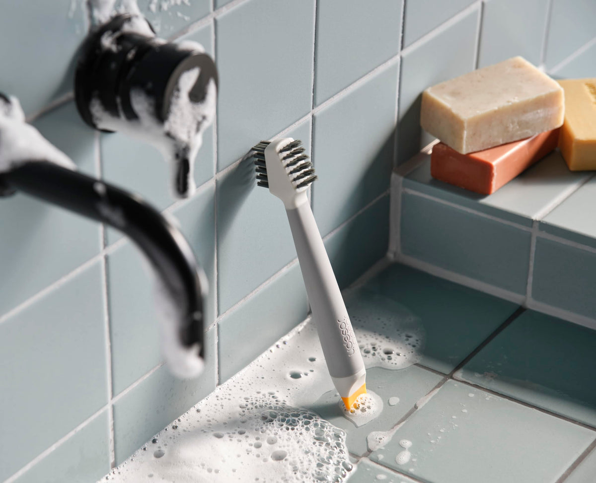 Joseph Joseph CleanTech 3-in-1 Bathroom Cleaning Brush - V-Shaped Bristles, Integrated Scraper | Light Stone 3