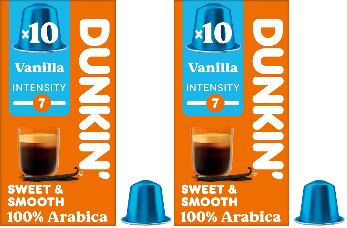Dunkin' Vanilla Roast Nespresso Compatible Capsules - Medium Roast, Intensity 7, 10 Count (Pack of 2)