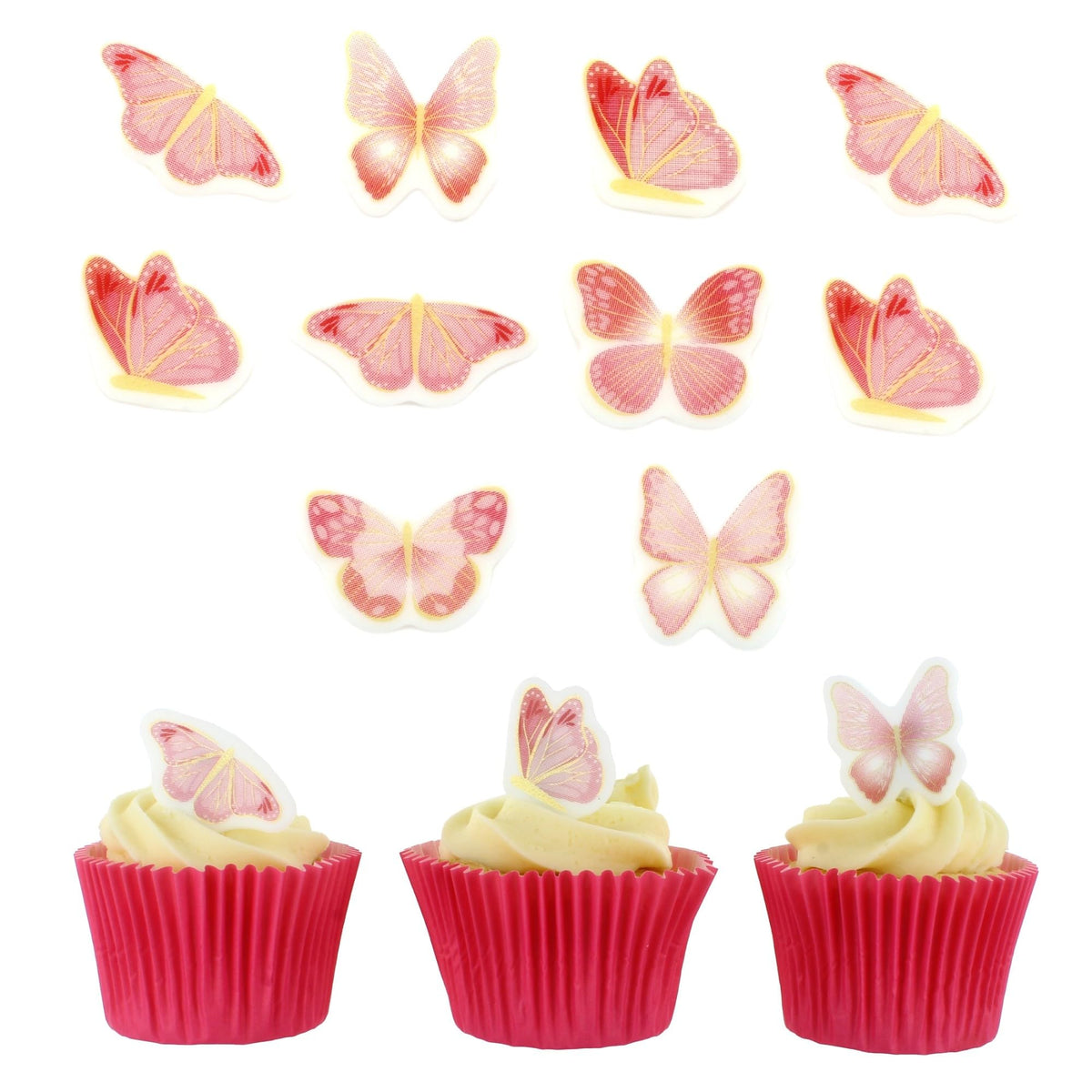 Culpitt Pink & Gold Butterflies Edible Cupcake Toppers - 32 Count | Fondant Sugar Paste