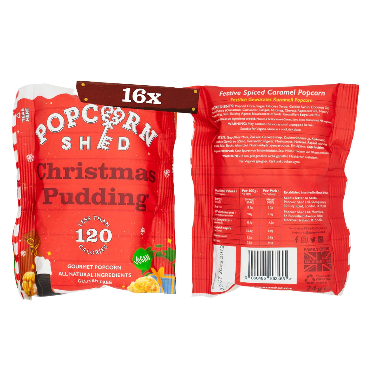 Popcorn Shed Christmas Pudding Gourmet Popcorn - Spiced Caramel Flavour | 16 x 24g Packs 8