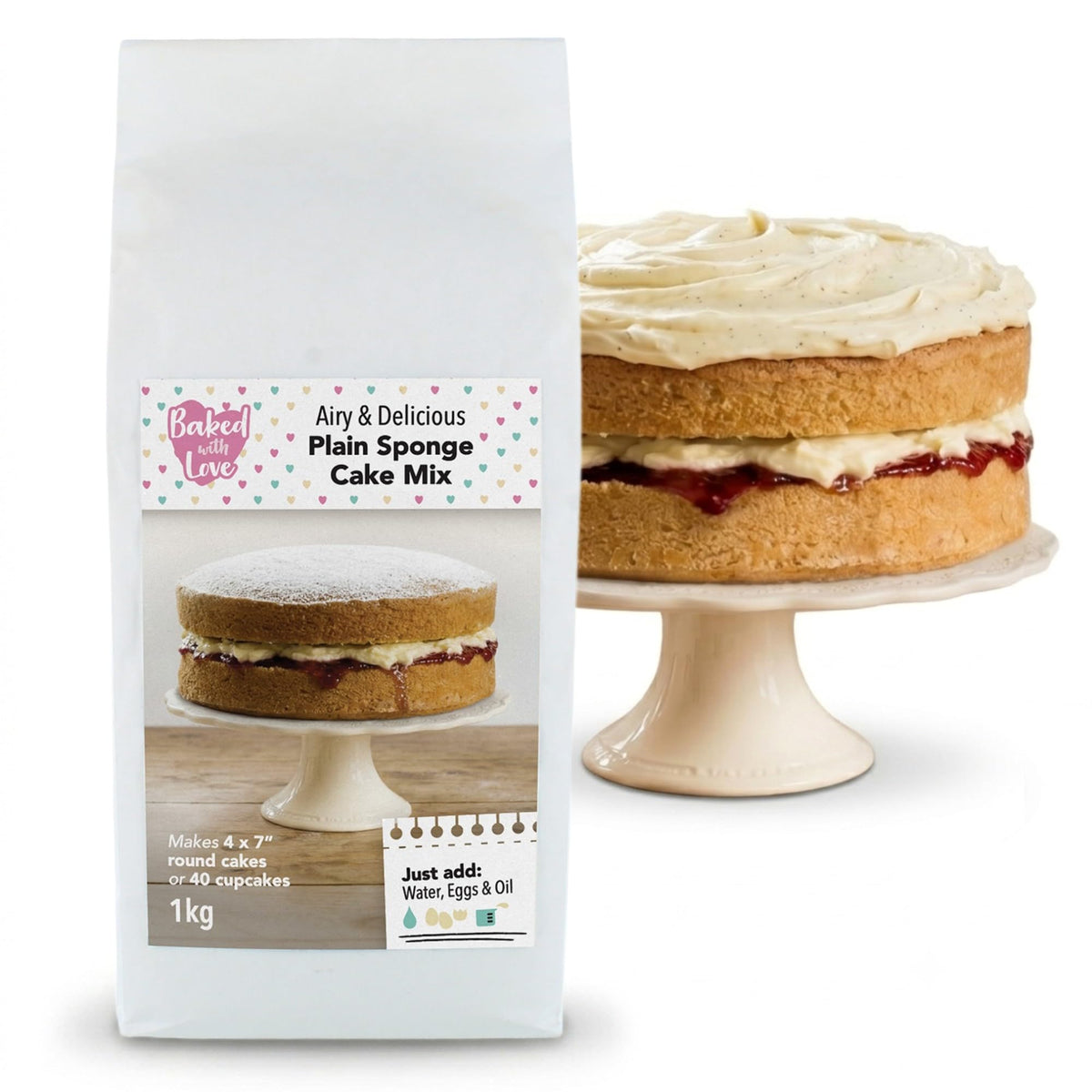 Baked With Love Plain Cake Mix - 1kg | Makes 40 Cupcakes or 4 x 7" Cakes | Easy Bake Sponge