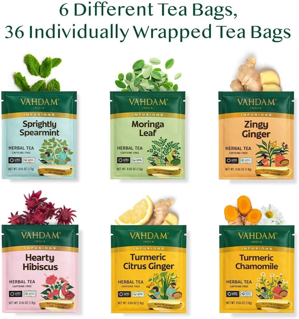 VAHDAM Herbal Tea Sampler - 36 Caffeine-Free Tea Bags | 6 Flavors | Eco-Friendly