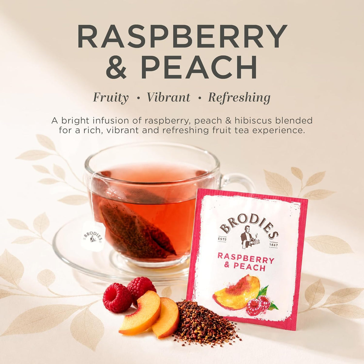Brodies Raspberry & Peach Flavored Black Tea - Caffeine-Free, 120 Tea Bags (6 Boxes of 20)