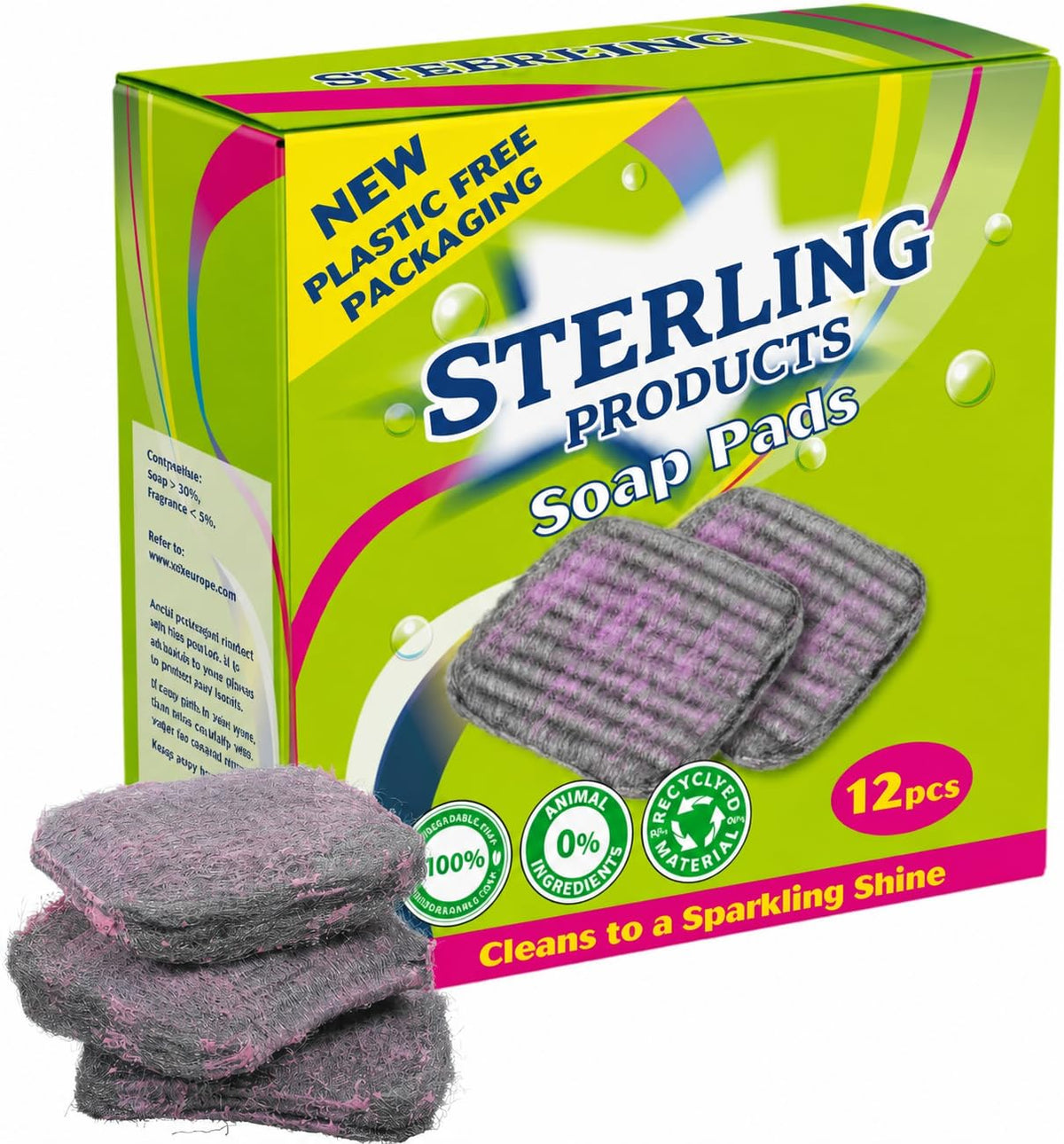 STERLING PRODUCTS Soap Pads - Grease Cutting Scourers | 12 Pack | Steel Wool With Soap