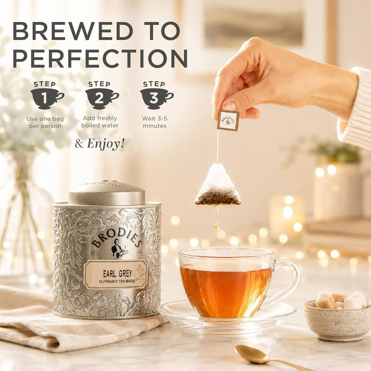 Brodies Earl Grey Pyramid Tea - 15 Count Caddy | Black Tea, Bergamot Oil, Cornflower Petals 4