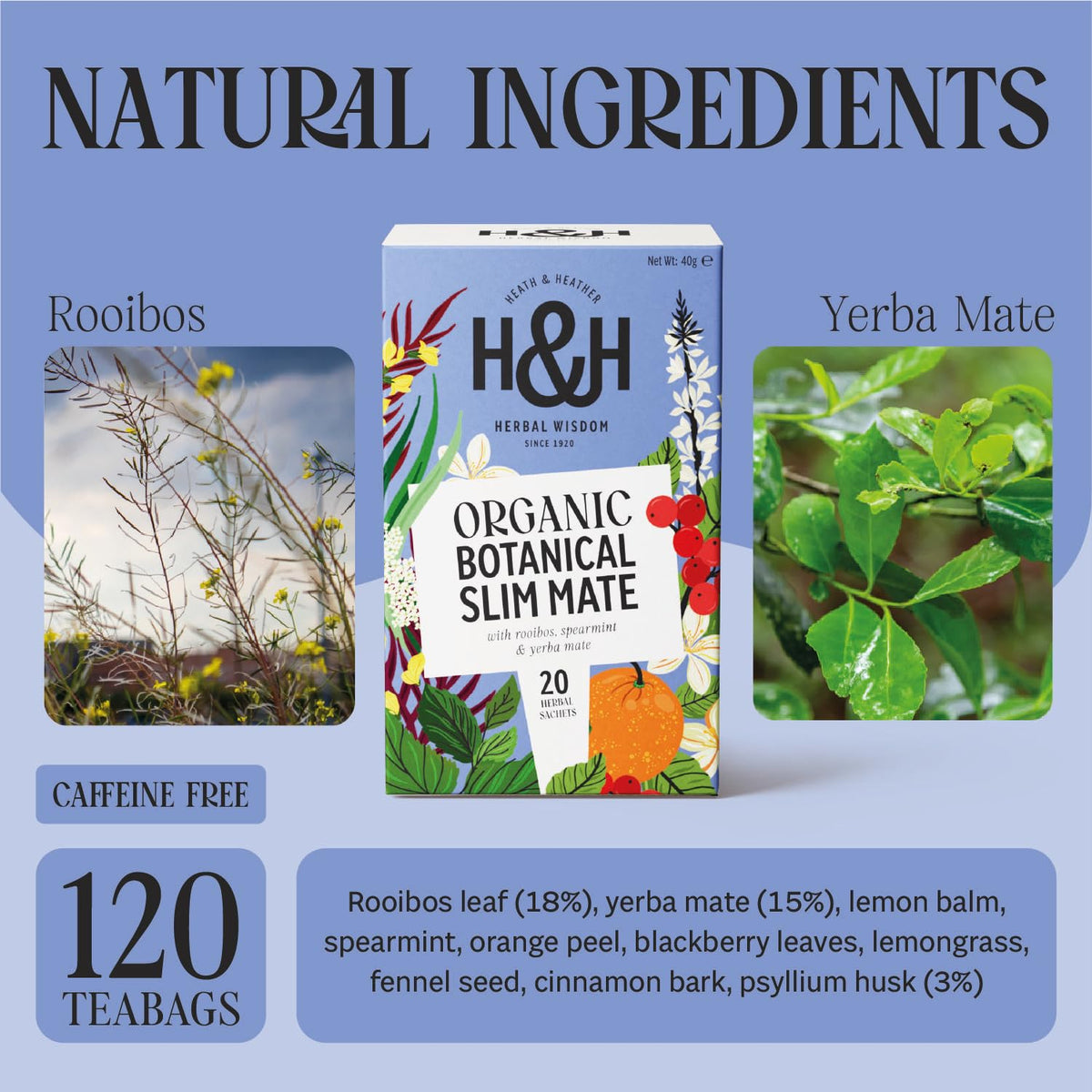 Heath & Heather Organic Slim Mate Herbal Tea - Metabolism & Energy Boost | 20 Count (Pack of 6) | Gluten Free