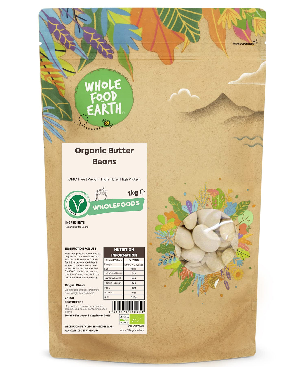 Wholefood Earth Organic Butter Beans - 1kg | High Fibre | Vegan
