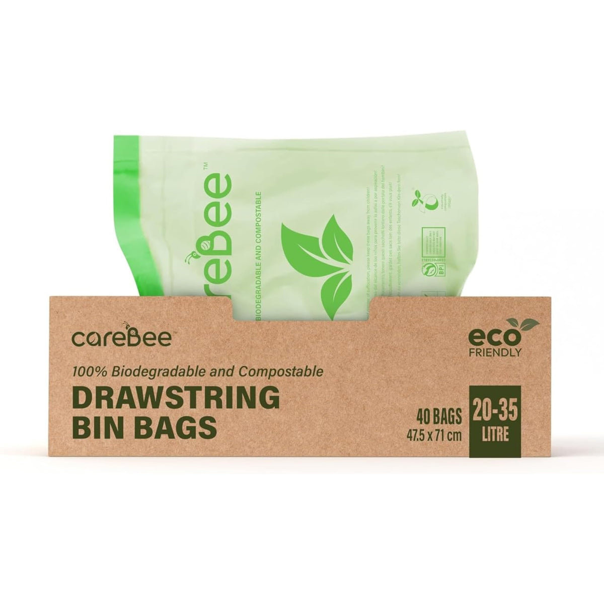 CareBee Drawstring Bin Bags - Heavy Duty, Leakproof, Odour Control | Pack of 40, 35L