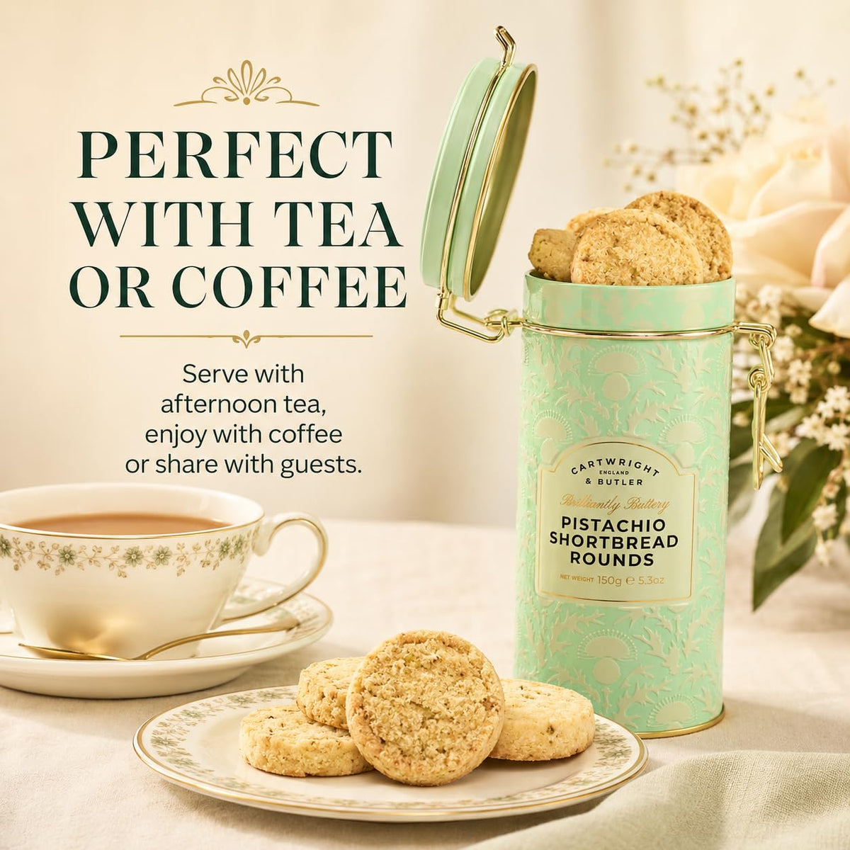 Cartwright & Butler Pistachio Shortbread Rounds - 150g Tin | Rich & Buttery | Vegetarian 4
