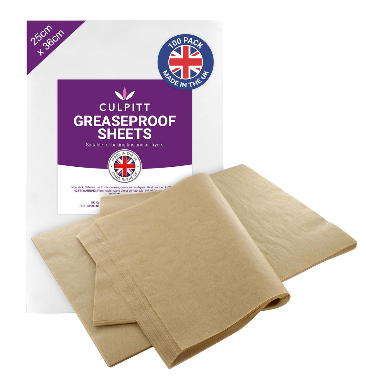 Culpitt Kraft Brown Baking Paper Sheets - 100 Pack | 25cm x 36cm | Greaseproof & Heat Resistant
