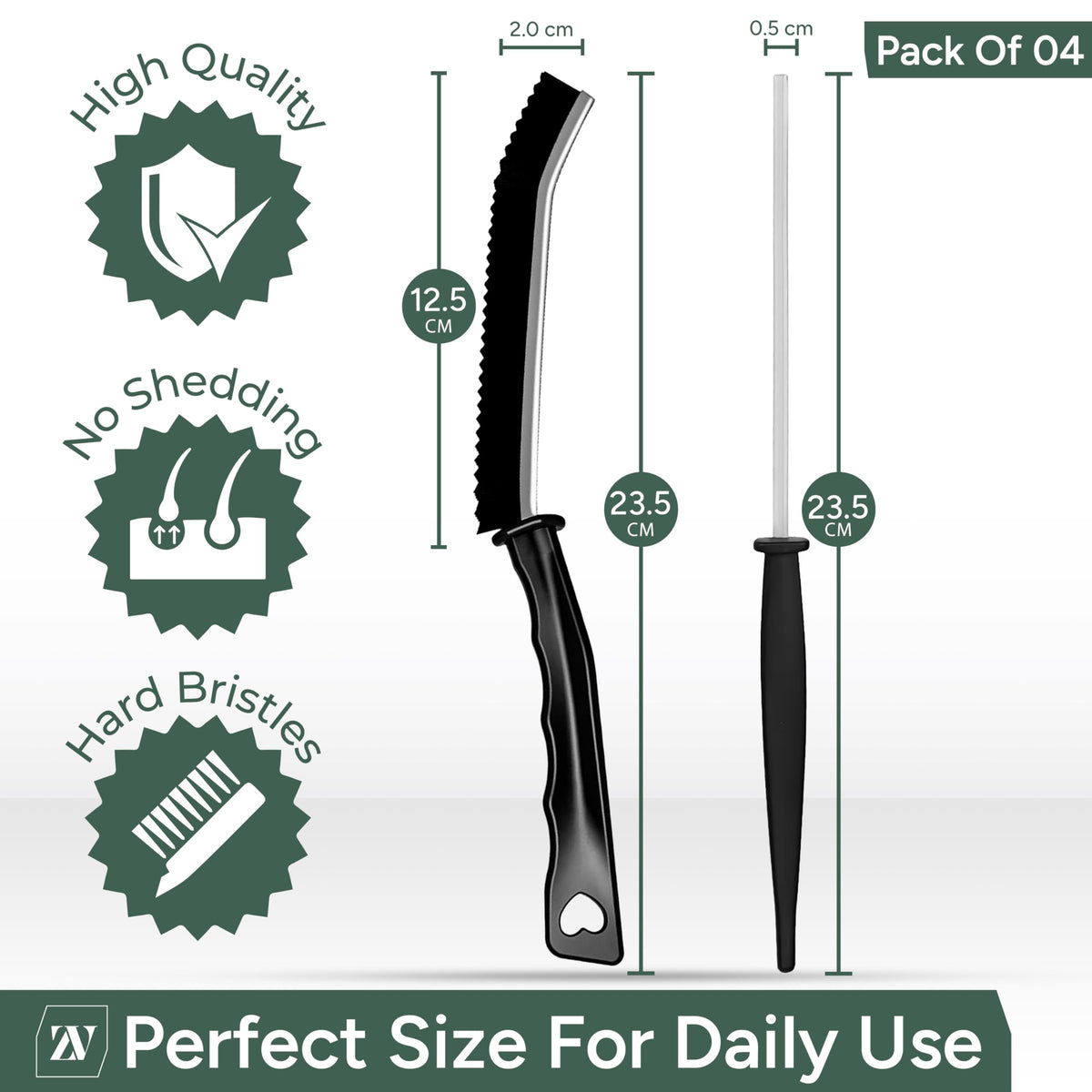 Zuvo Crevice Cleaning Brush Set - Hard Bristle, Ergonomic Handle | 4 Pack