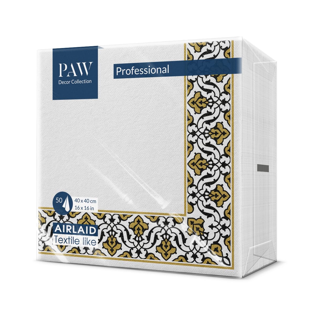 PAW Decor Collection Airlaid Napkins - Floral Frame Gold-Black | 40 x 40 cm | 50 Pack