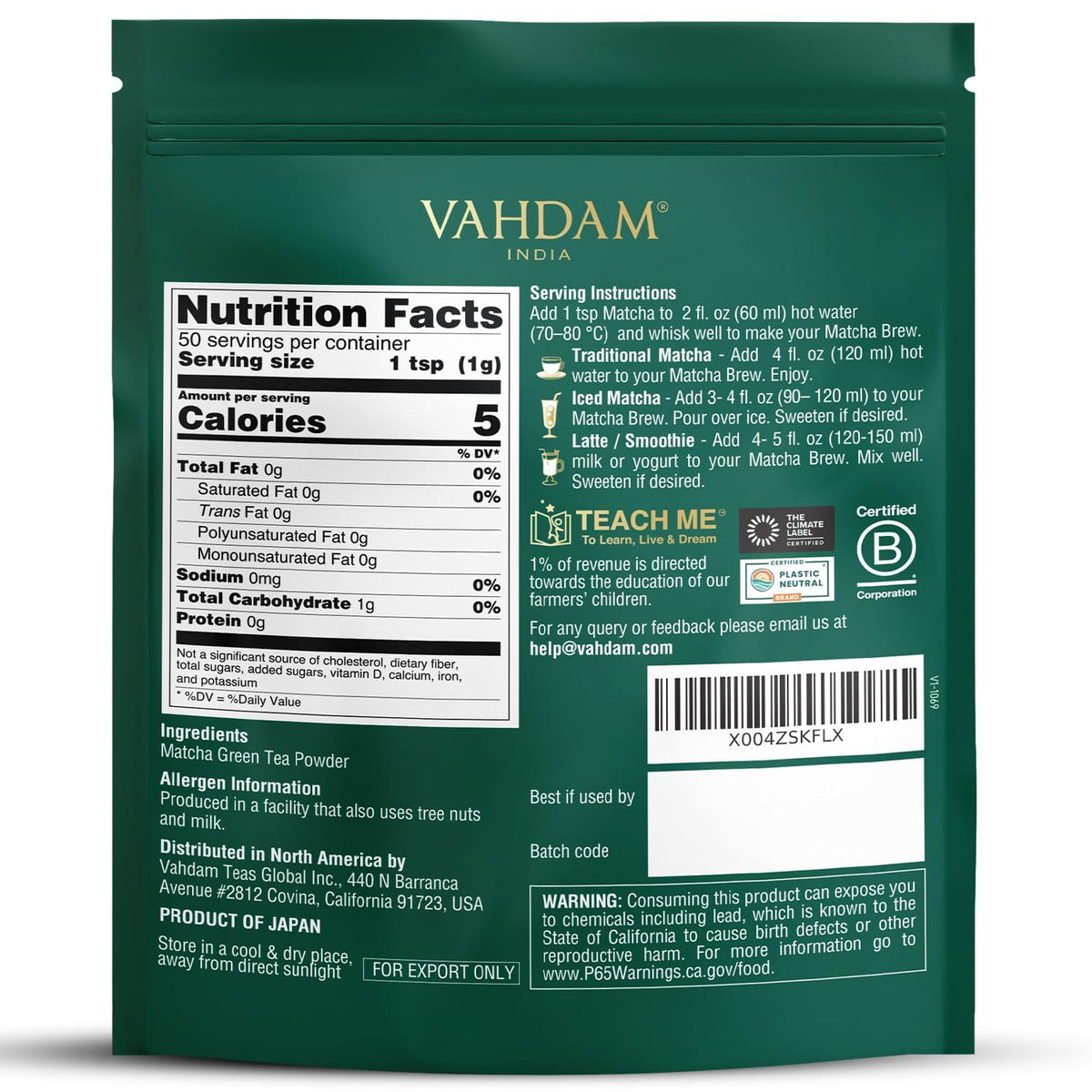 VAHDAM Premium Matcha Green Tea Powder - Smooth, Mild Taste | 50g | Shizuoka, Japan Origin