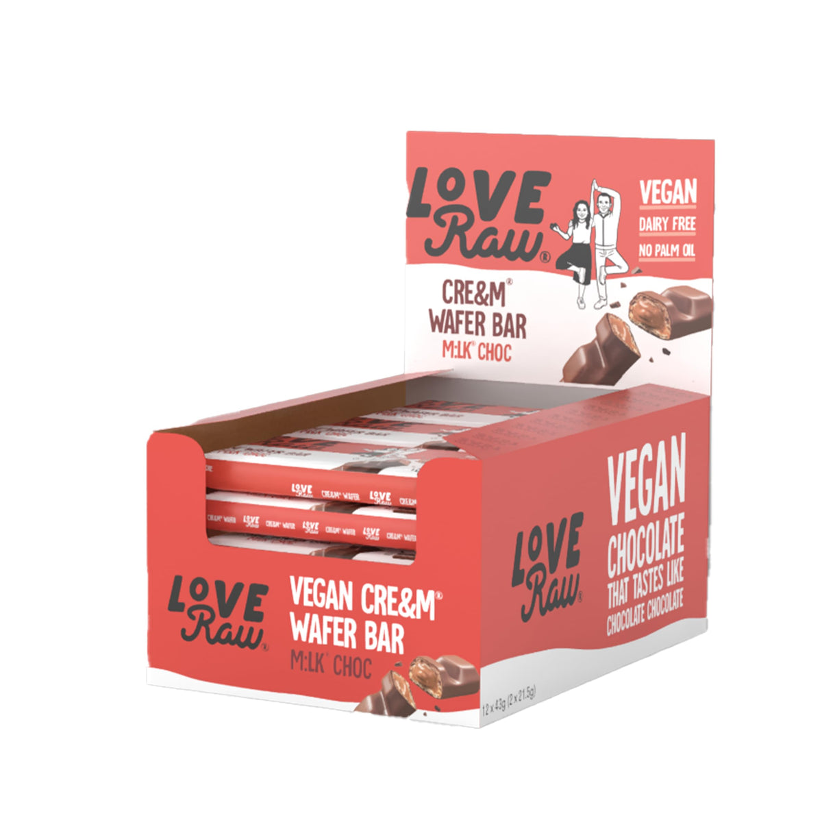 LoveRaw Cre&m Wafer Bars - Vegan Milk Chocolate & Hazelnut Cream | 2 Bars per Pack (12 Packs)