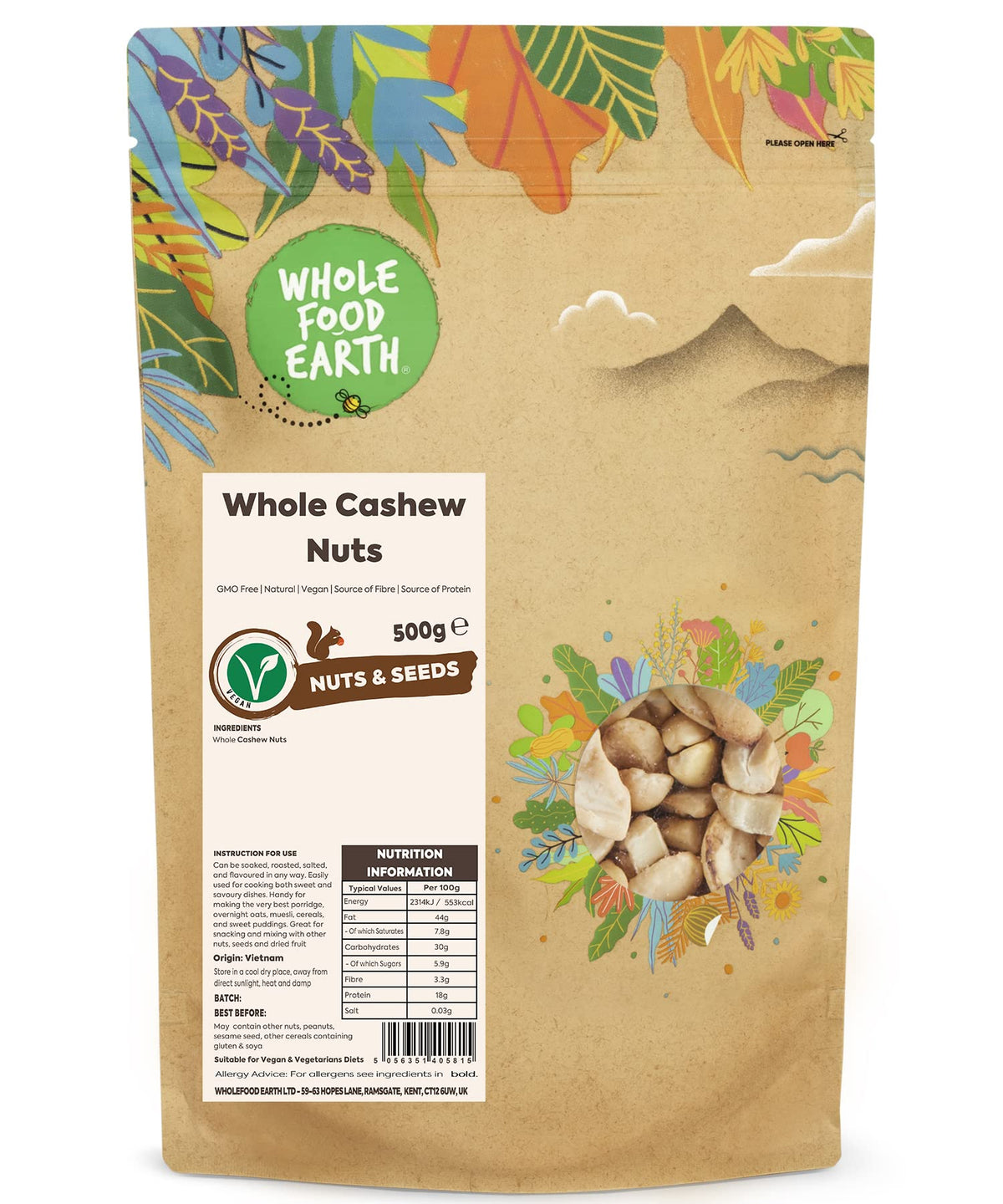 Wholefood Earth Whole Cashew Nuts - 500g | GMO Free | Natural Source of Protein