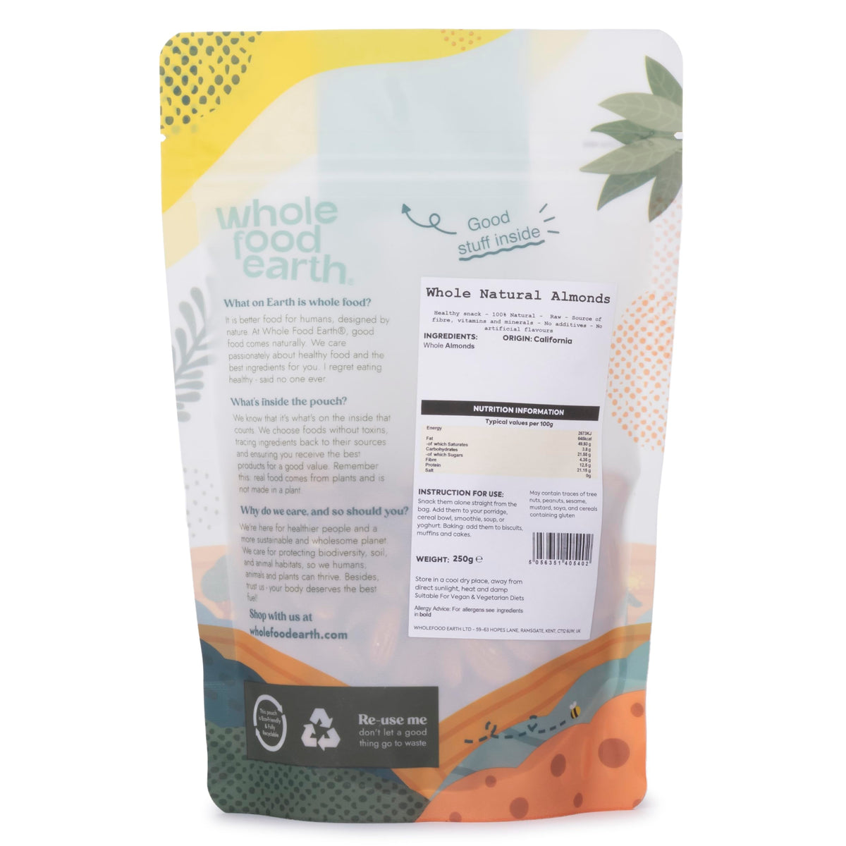 Wholefood Earth Whole Natural Almonds - 250g | GMO Free | High Fibre