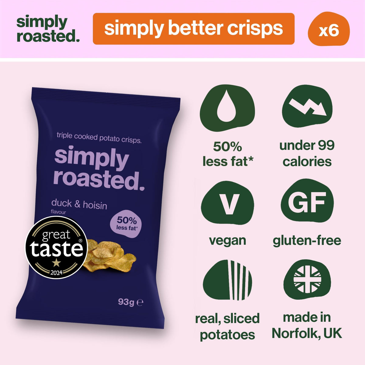 Simply Roasted Duck & Hoisin Crisps - 50% Less Fat Multipack | 6 x 93g Sharer Bags