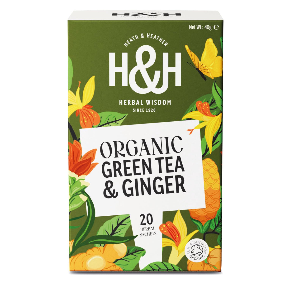 Heath & Heather Organic Green Tea with Ginger - Immunity Support | 20 Count Teabags | Gluten Free