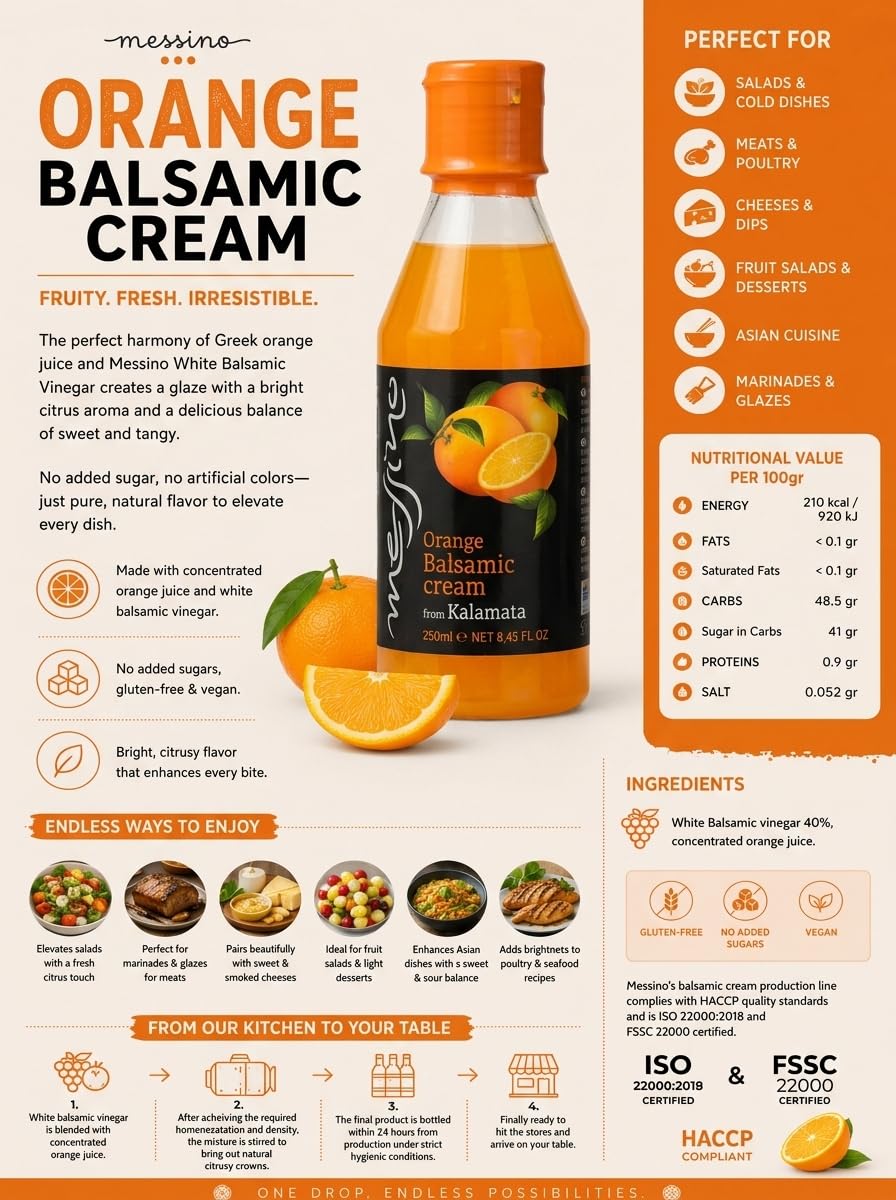 Messino Greek Orange Balsamic Cream - Fruity White Balsamic Glaze with Real Orange, 2 x 250ml Bottles
