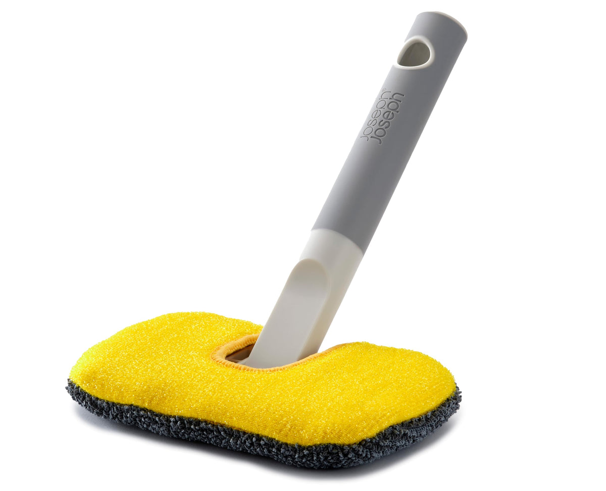 Joseph Joseph CleanTech 2-in-1 Bathroom Scrubber - Microfibre & Scourer Pads | Soft-Grip Handle | Light Stone