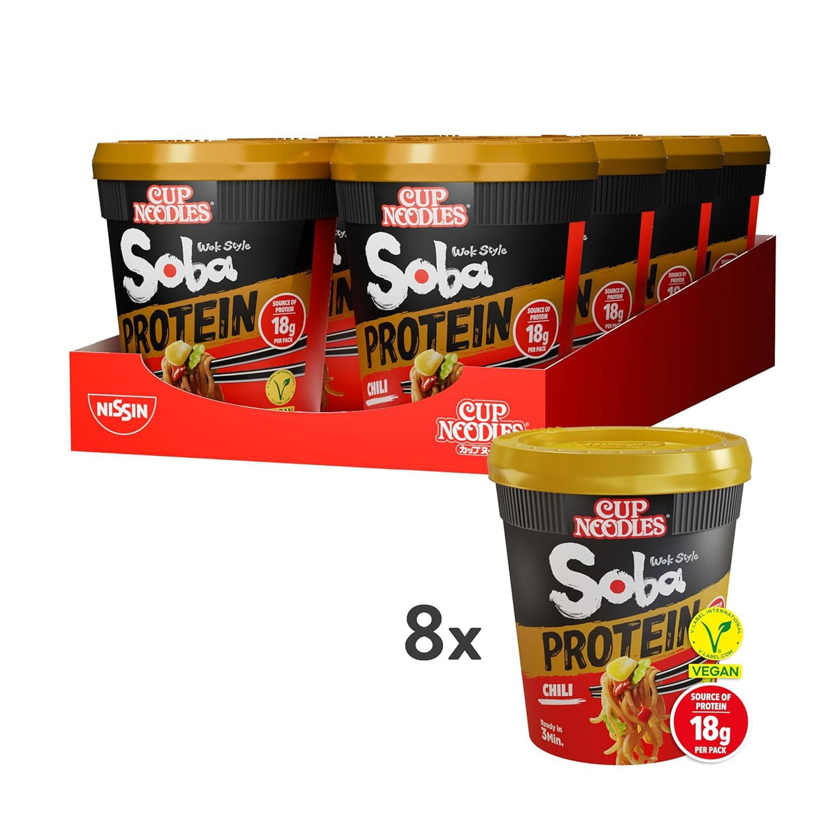 NISSIN Soba Protein Chilli Instant Noodles - 18g Protein, 8 Pack