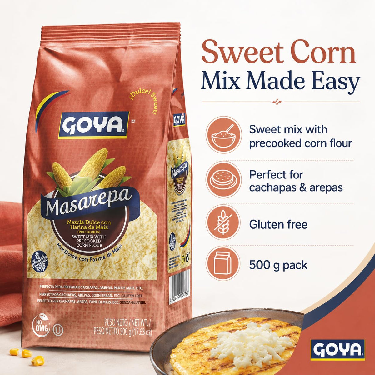 Goya Masarepa Sweet Mix with Precooked Corn Flour - Gluten Free | 500g Pack 4
