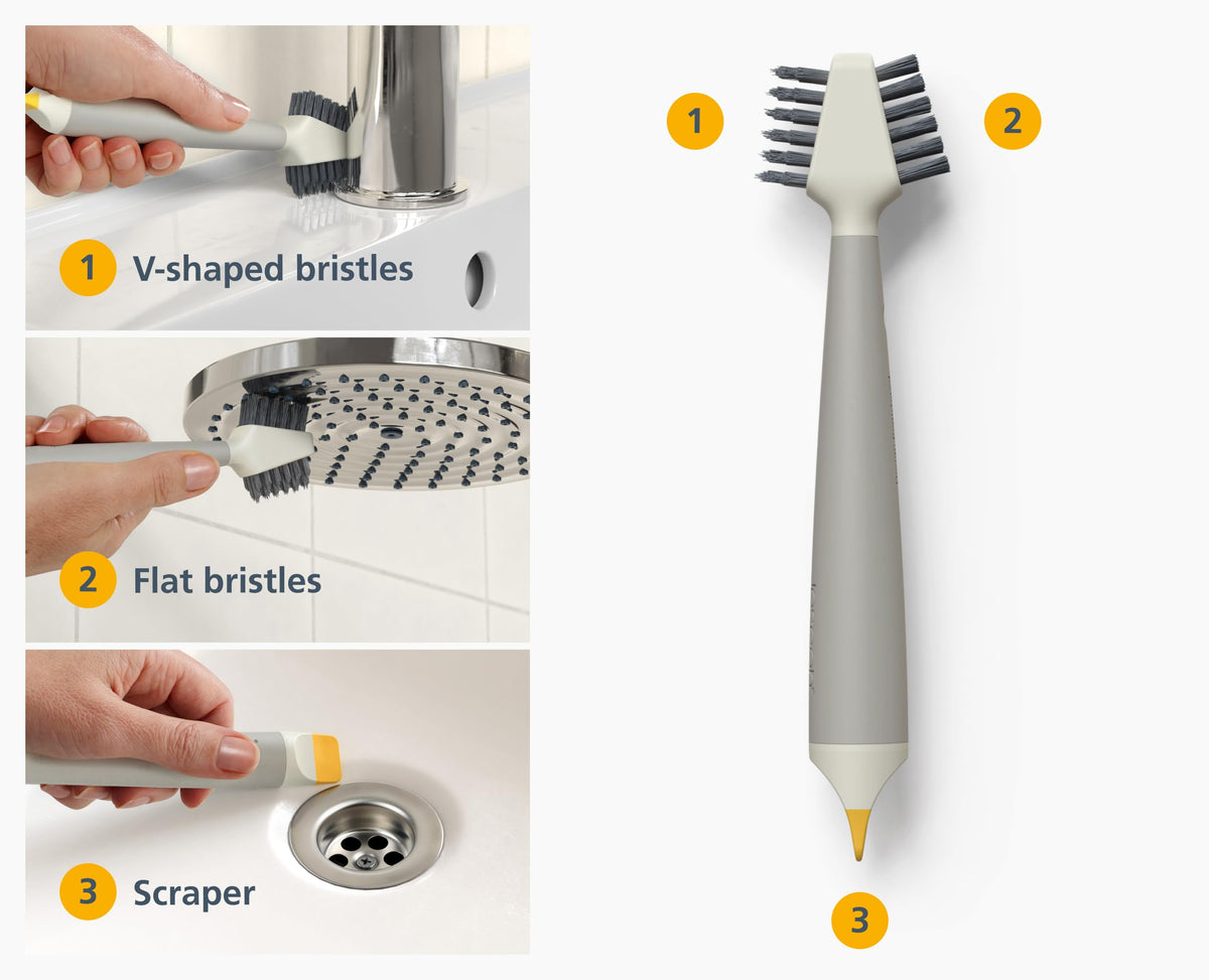 Joseph Joseph CleanTech 3-in-1 Bathroom Cleaning Brush - V-Shaped Bristles, Integrated Scraper | Light Stone 5