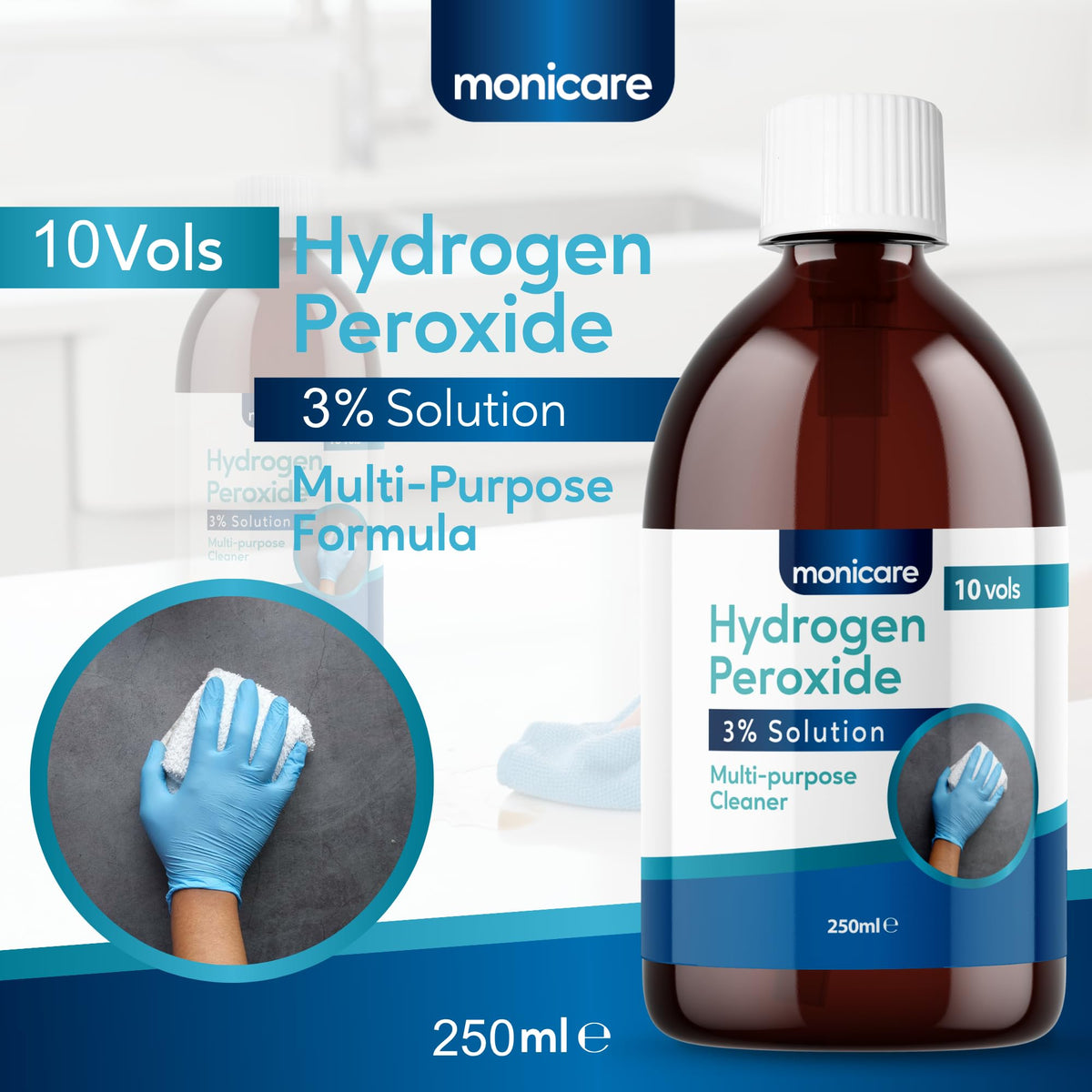 Monicare Hydrogen Peroxide 3% - 250ml All-Purpose Cleaner | Disinfectant | Stain Remover 3