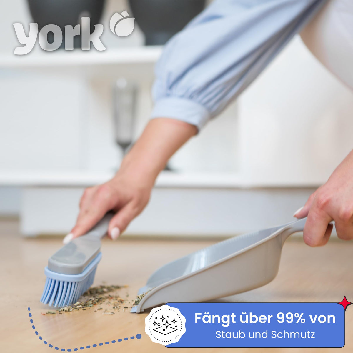 York Bacteria Stop Hand Brush and Shovel Set - Rubber Bristles, Pet Hair Removal | Grey/Blue | 30cm 3