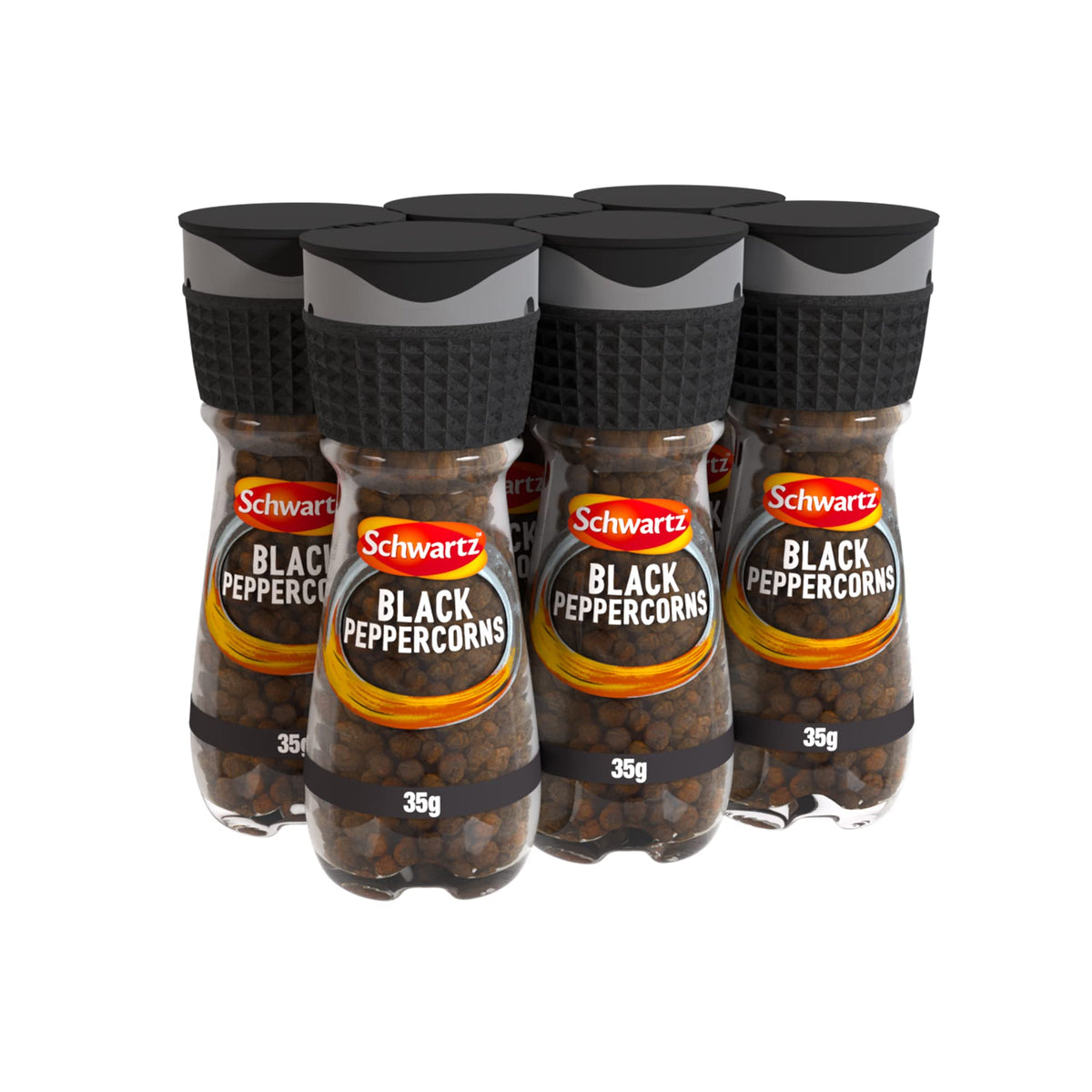 Schwartz Black Peppercorns - 6 x 35g Jars with Grinder | Whole Peppercorns